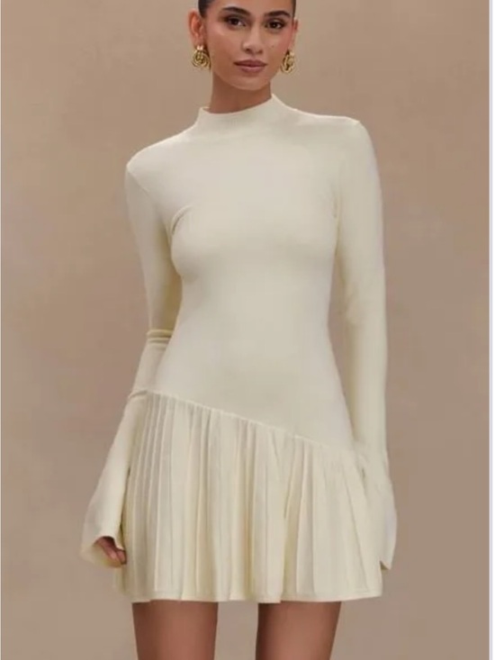Meshki Dresses & Skirts - Meshki Cream Long-Sleeve Pleated Mini Dress
